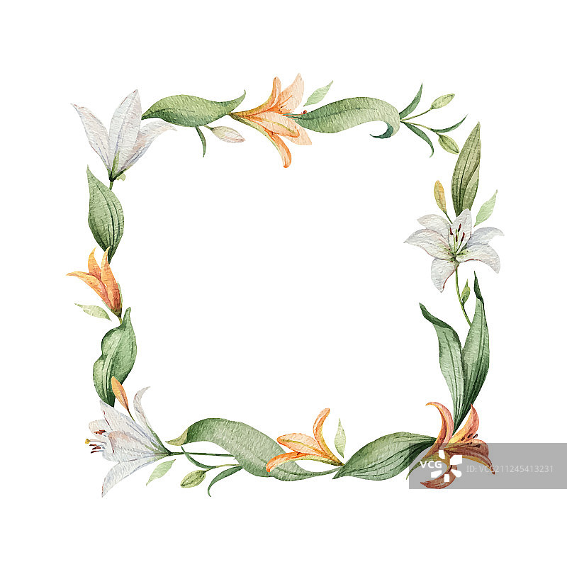 水彩橙色百合花花环图片素材