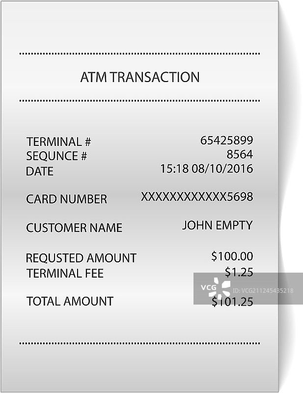 自动取款机交易打印纸质收据账单图片素材
