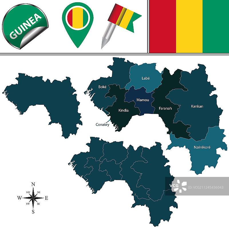 几内亚地图，带命名区域图片素材