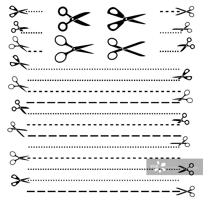 剪刀切割线不同图标集图片素材
