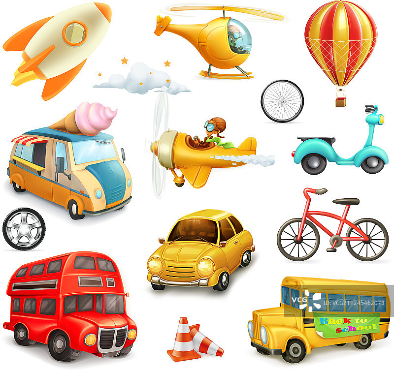 有趣的卡通交通车和飞机图片素材