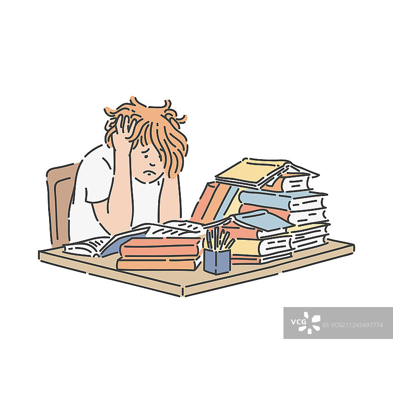 坐在堆满书桌前的感到压力的学生图片素材
