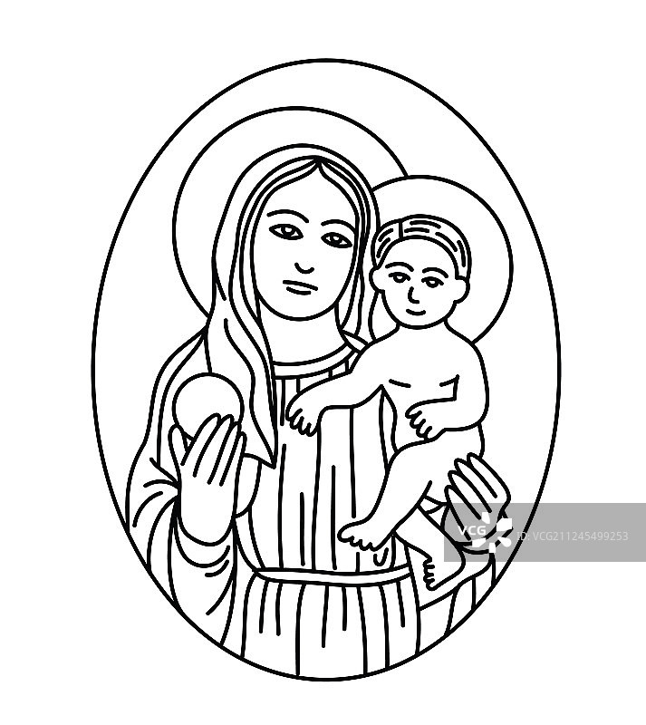 圣母玛利亚与圣子素描线条图片素材