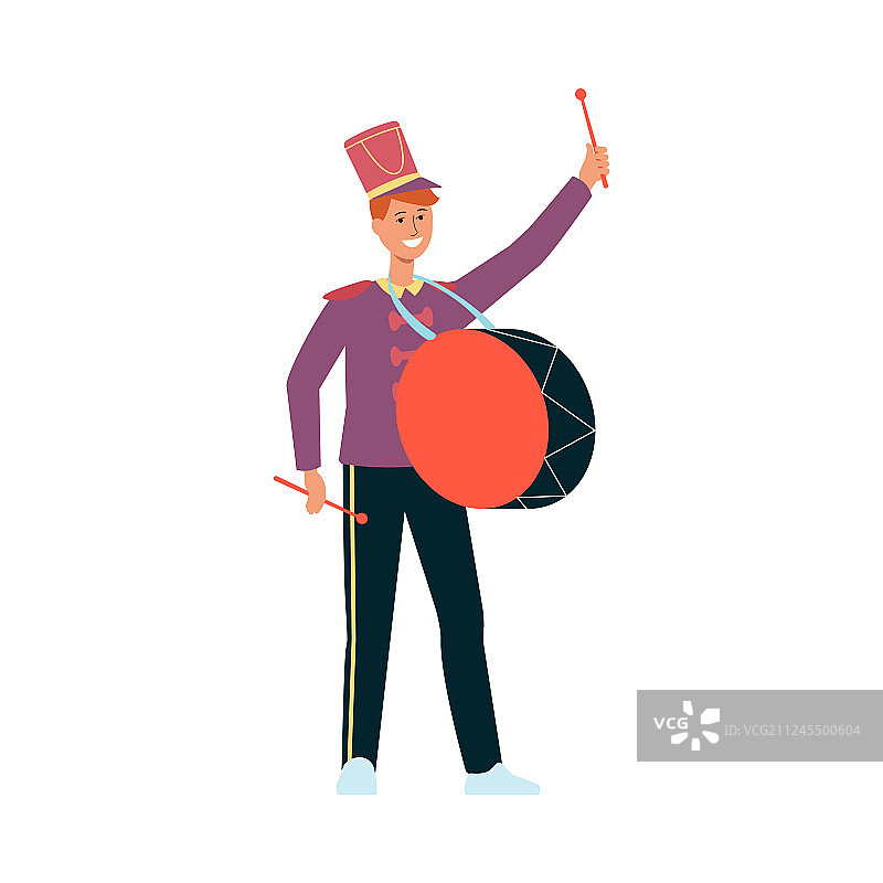 穿着游行服装敲鼓的年轻男人（扁平风格）图片素材
