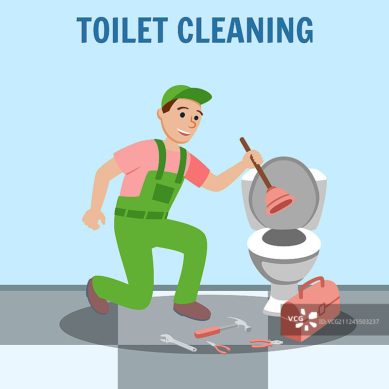 男人手持疏通器修理马桶图片素材