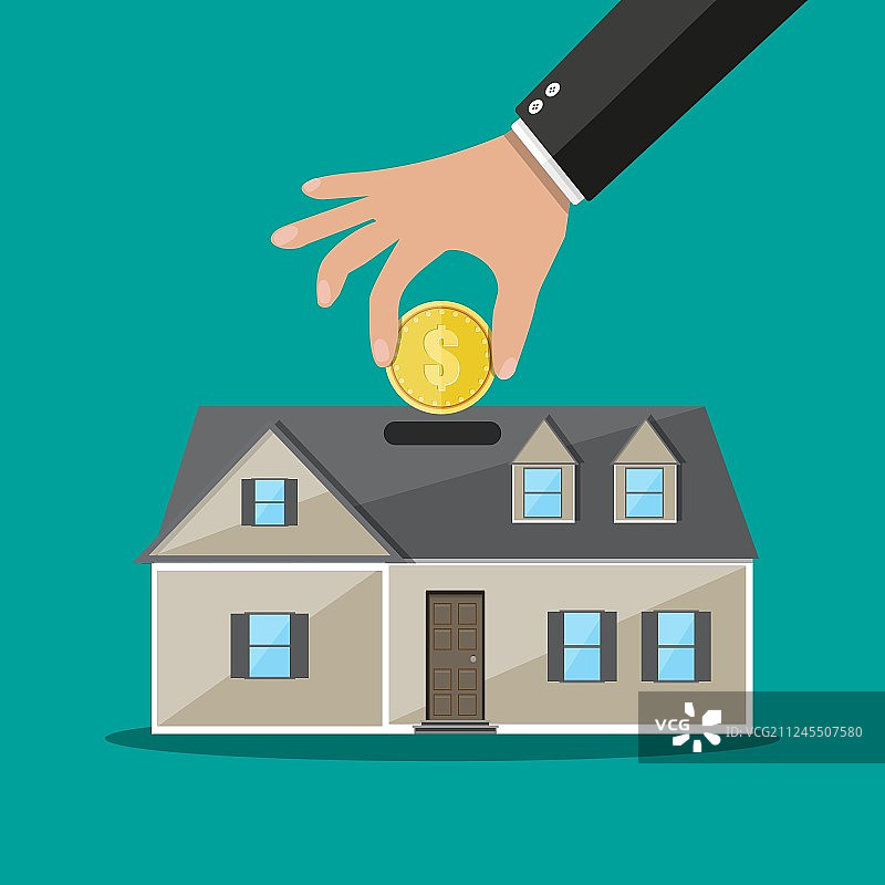 手将硬币放入小猪储蓄罐房子图片素材