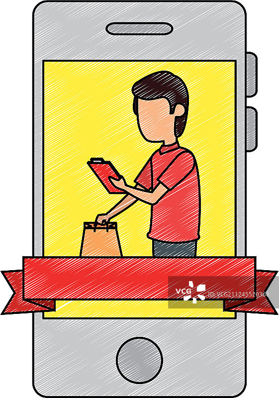 有购物袋的送货员和智能手机图片素材