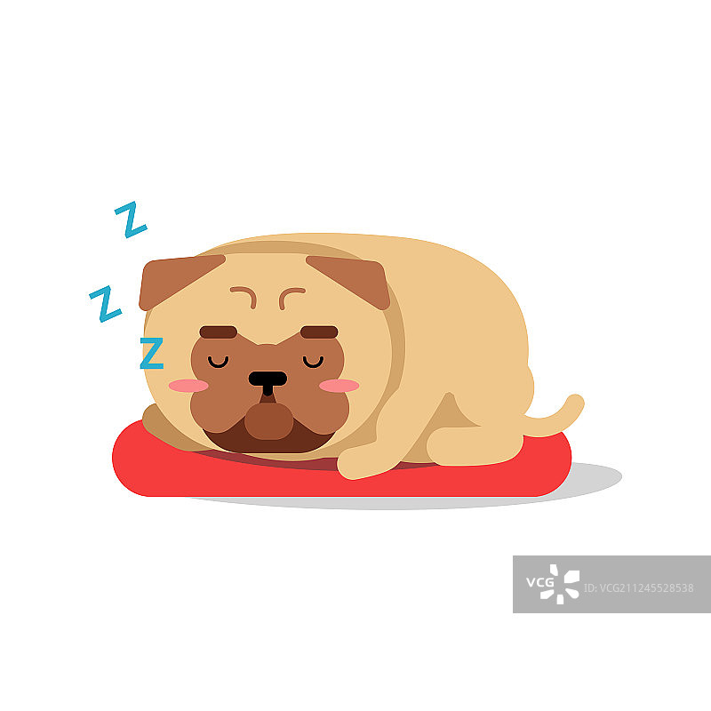 睡在红色垫子上的可爱卡通哈巴狗图片素材