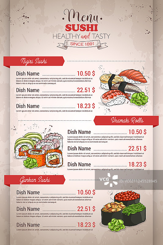 餐厅竖版彩色寿司菜单图片素材