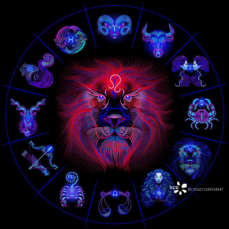 带有星座标志的霓虹灯星座圆环图片素材