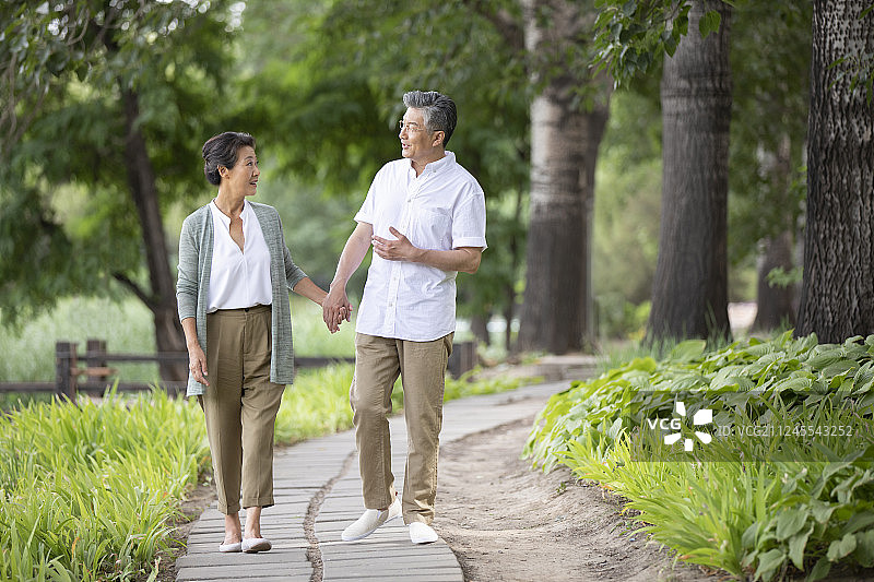 老年夫妇在公园牵手散步图片素材