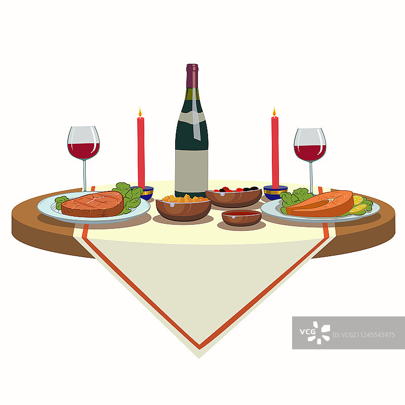 节日餐桌，配有葡萄酒和美味佳肴图片素材