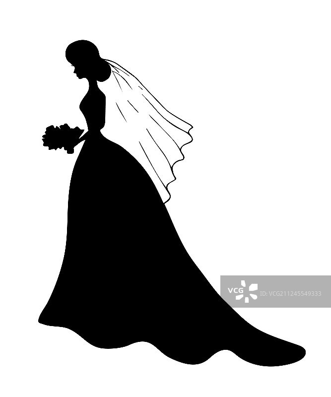 穿婚纱的年轻女孩黑色剪影图片素材