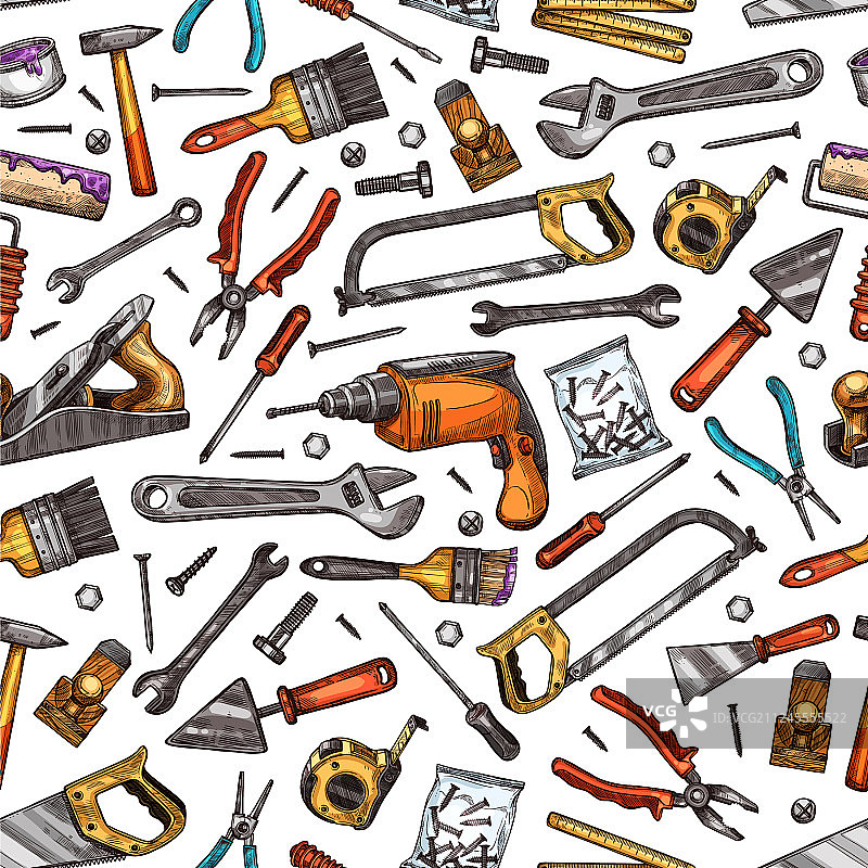 房屋维修工作工具草图无缝图案图片素材