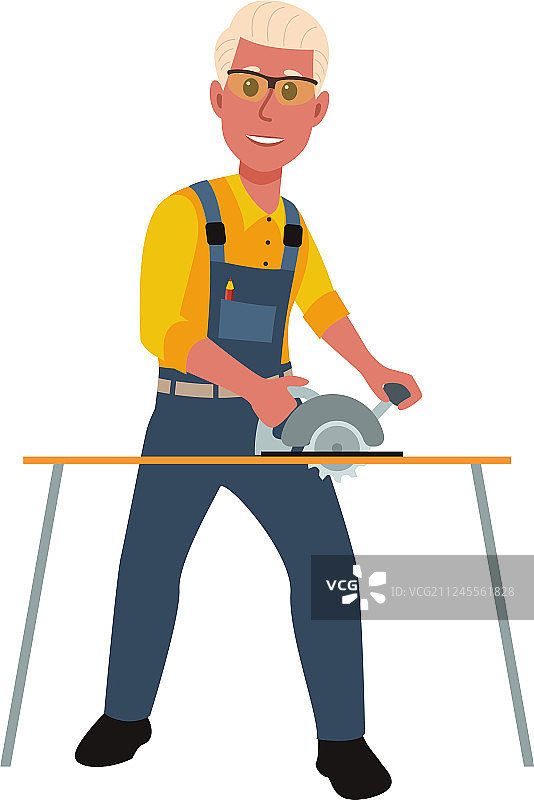 快乐的木匠使用圆锯工作图片素材