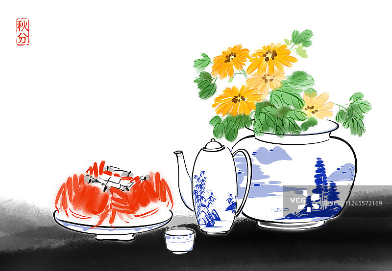 中国风传统水墨插画二十四节气花卉静物秋分图片素材