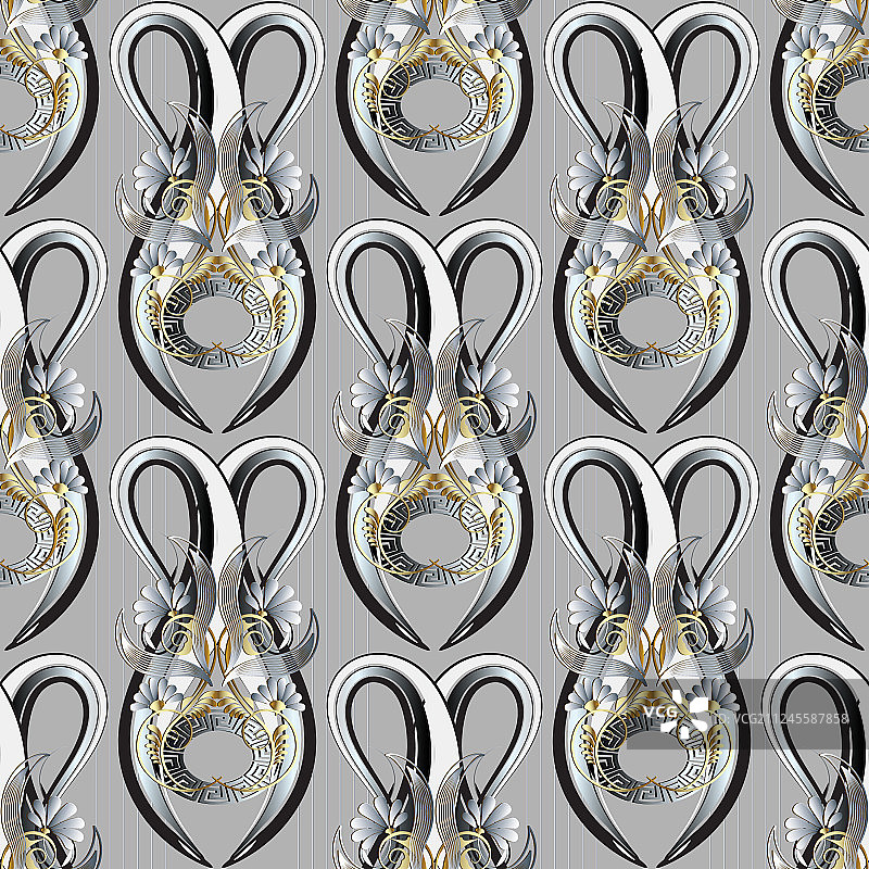 条纹花卉希腊回纹3D无缝图案图片素材