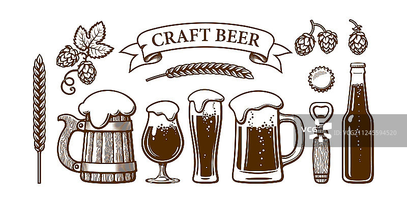 复古啤酒套装：老式木杯和玻璃杯图片素材