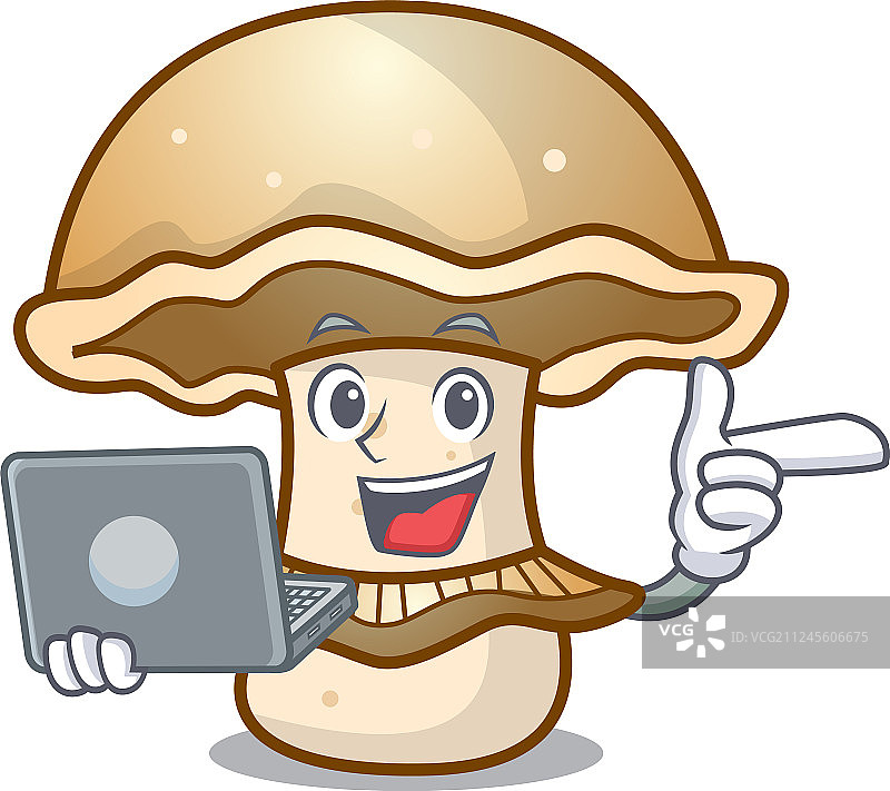 拿着笔记本电脑的波多贝罗蘑菇卡通角色图片素材