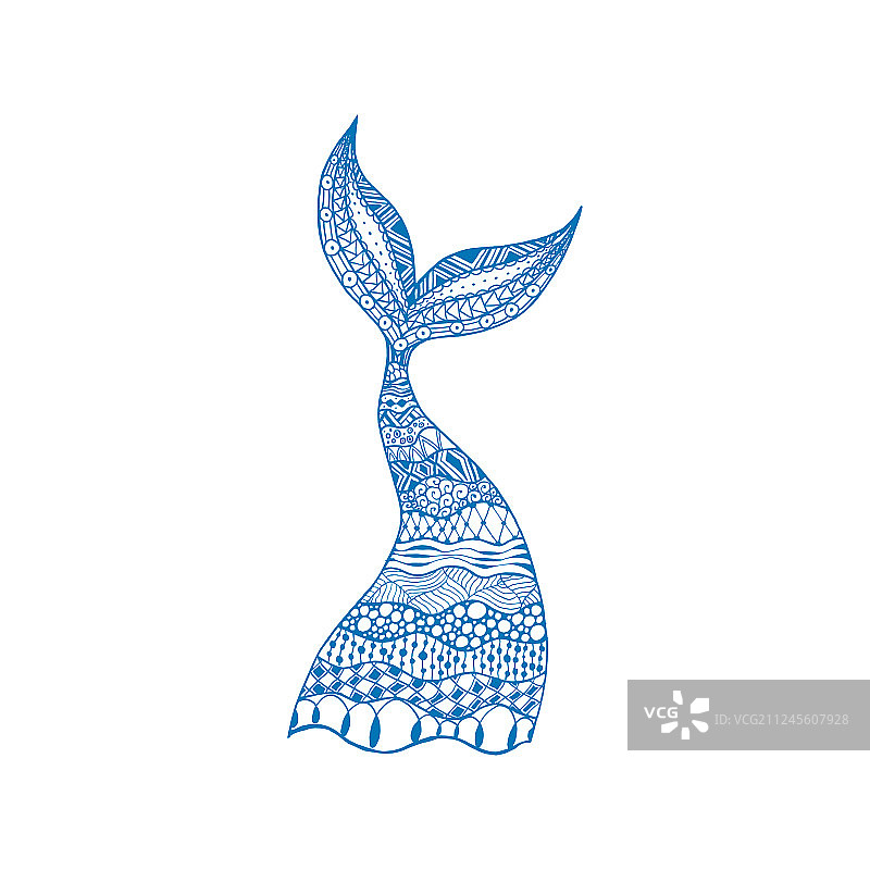 手绘美人鱼和鲸鱼尾巴装饰图案蓝色图片素材