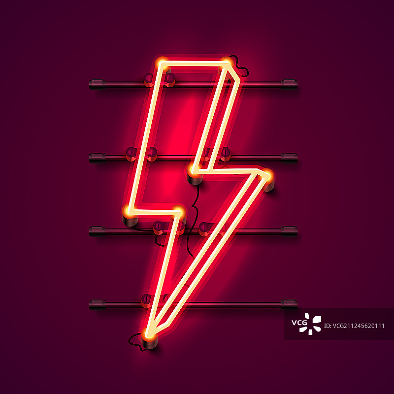 红色背景上的闪电霓虹灯标志图片素材