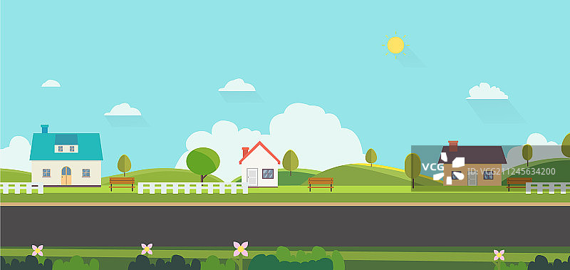 风景优美的自然景观，带房屋长凳图片素材