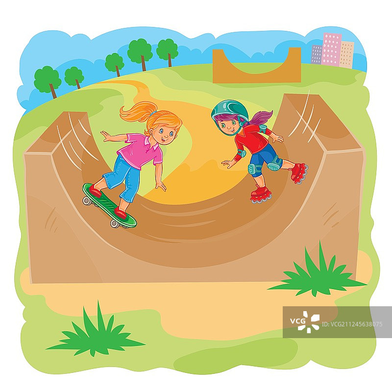 两个女孩玩滑旱冰和滑板图片素材