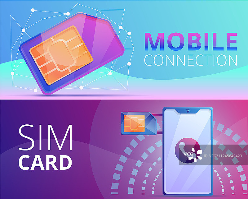卡通风格SIM电话卡横幅套装图片素材