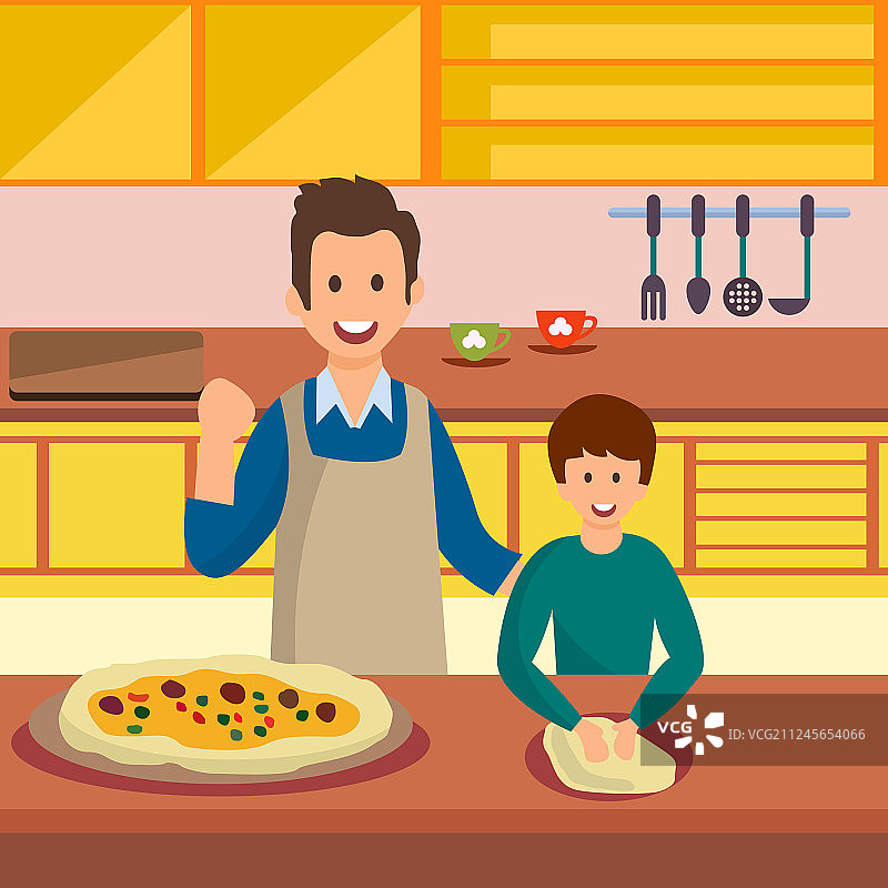 父子一起做披萨图片素材