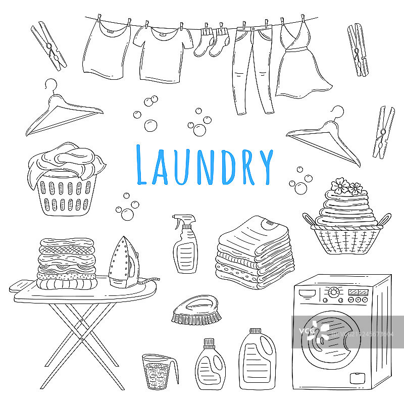 手绘涂鸦洗衣服务图标合集图片素材