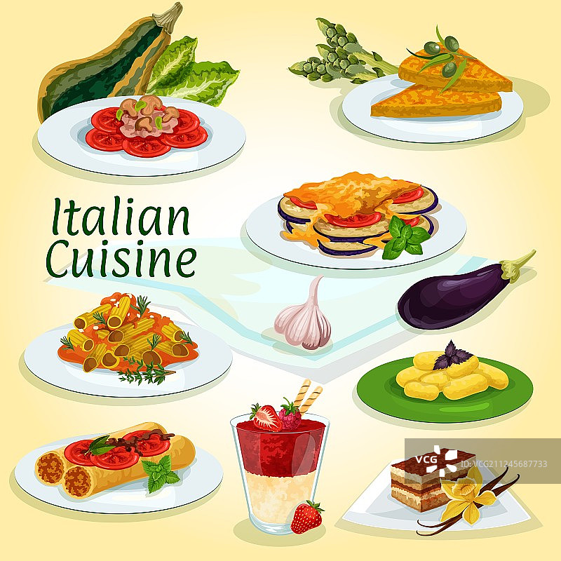 意大利美食主菜和甜点菜肴图标图片素材