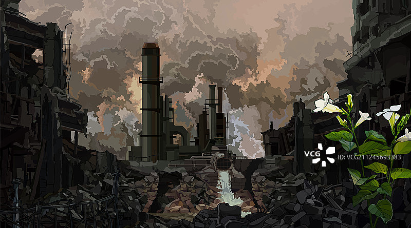 废墟中发芽的带花的绿色植物图片素材