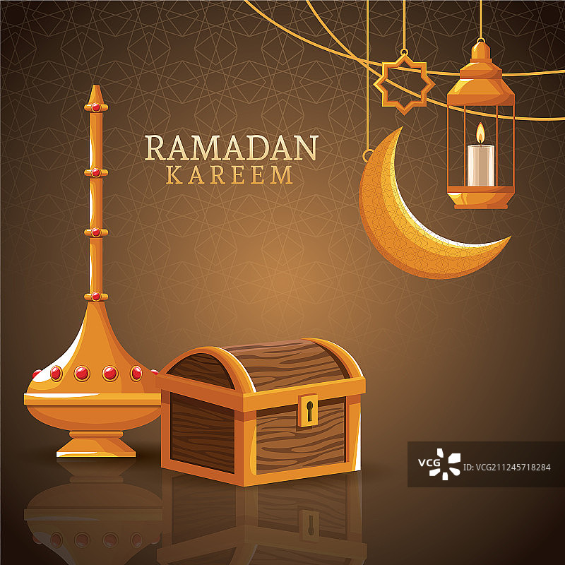 带有渐亏月亮和伊斯兰艺术的斋月快乐图片素材