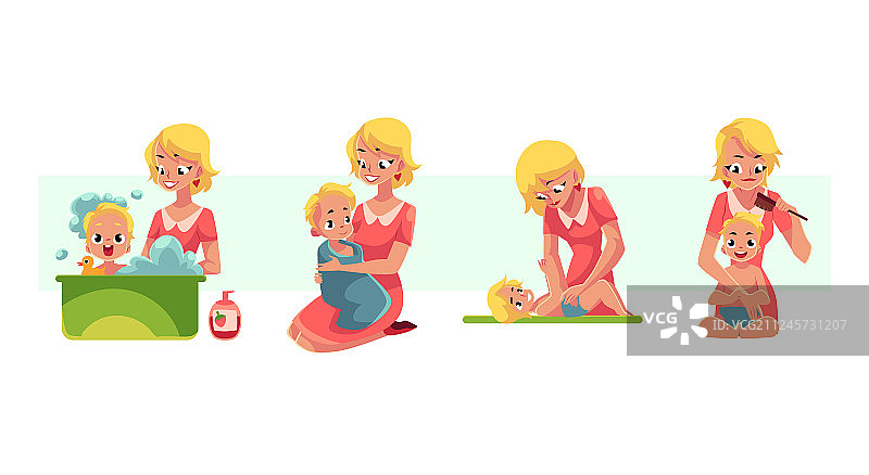 母亲给宝宝洗澡并穿尿布图片素材