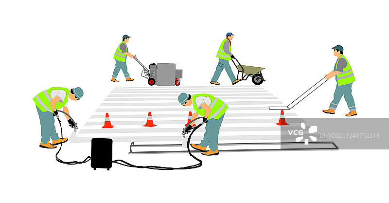 道路施工人员绘制斑马线图片素材