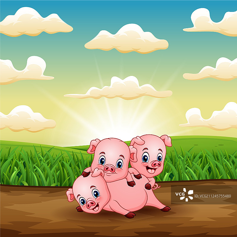 卡通三只小猪在阳光下玩耍图片素材