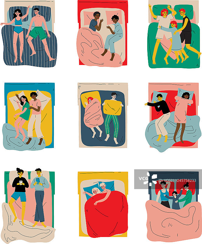 夜晚睡觉的人们：家庭夫妇躺卧场景图片素材