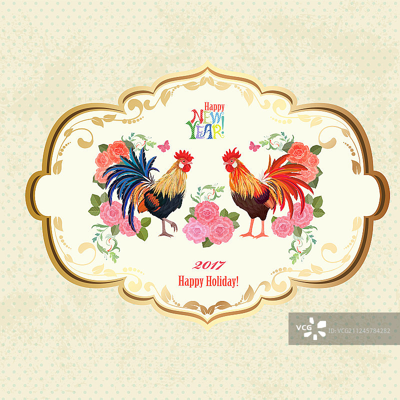 带有可爱公鸡和花朵的复古标签图片素材