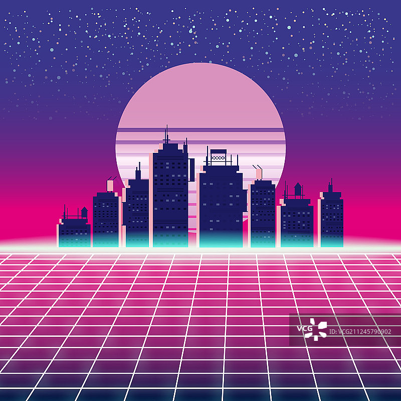 具有城市的合成波复古未来主义景观图片素材