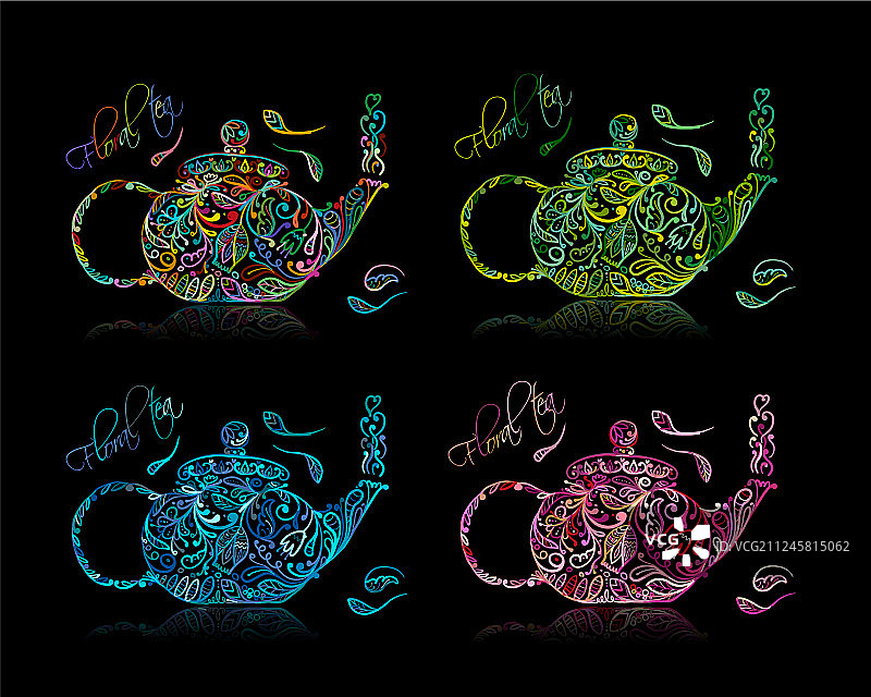 带有花茶的茶壶草图设计图片素材