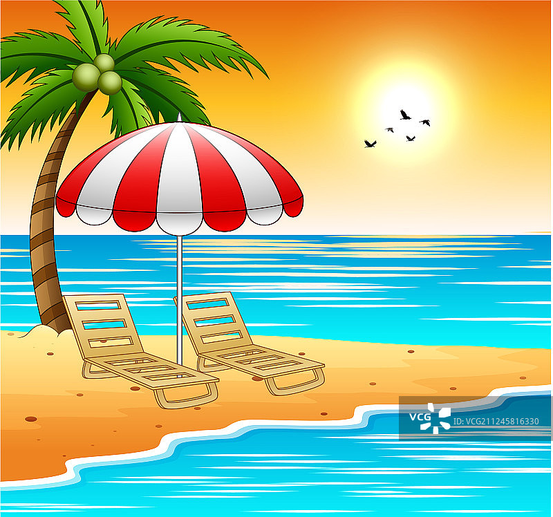 沙滩上的两张日光躺椅和遮阳伞图片素材