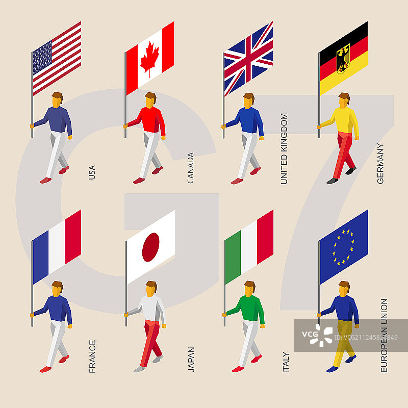 2.5D人物与七国集团旗帜图片素材