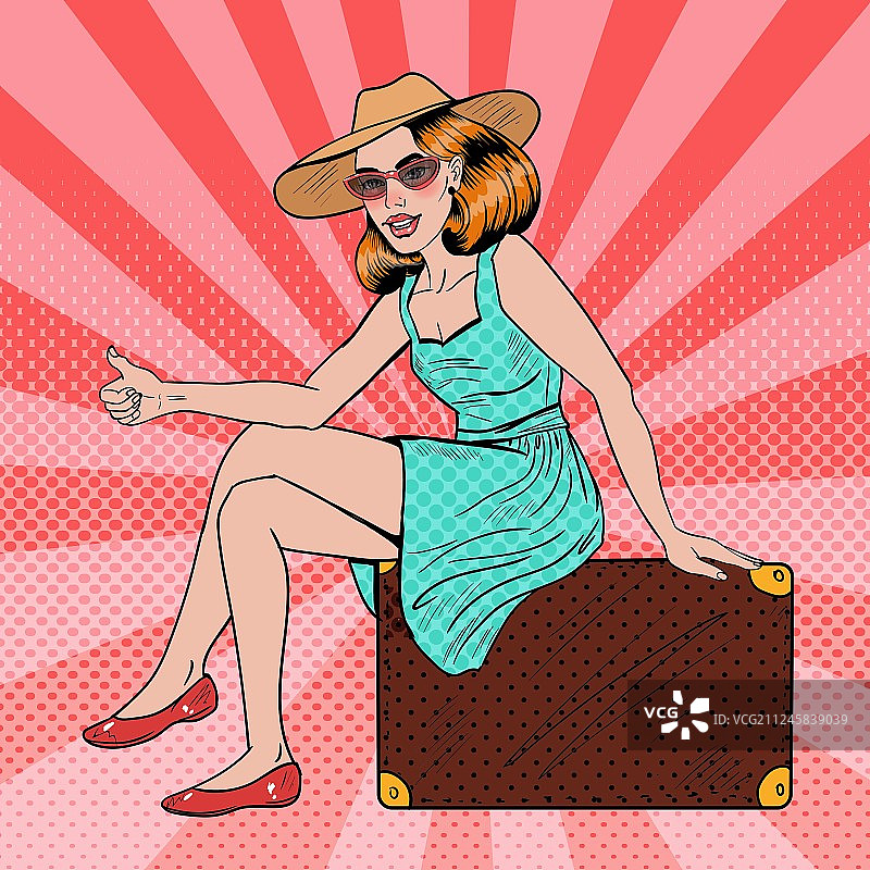波普艺术风格的旅行女人在手提箱上搭便车图片素材