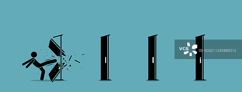 男人逐一踢倒并破坏门图片素材