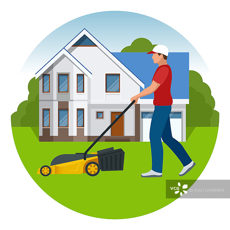 男人用黄色割草机修剪草坪图片素材