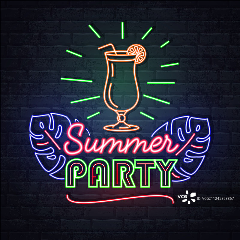 夏季派对霓虹灯牌与鸡尾酒图片素材