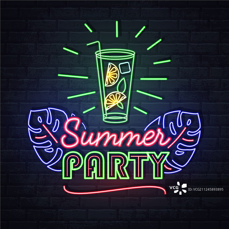 夏季派对霓虹灯牌与鸡尾酒图片素材