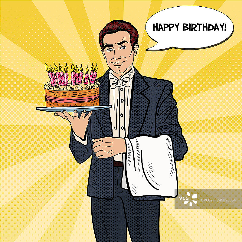 波普艺术风格的男服务员托生日蛋糕图片素材