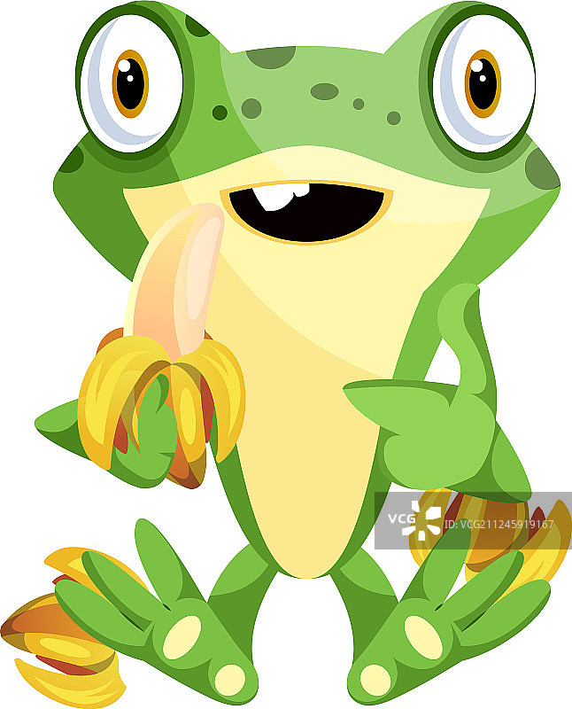 白色背景上吃香蕉的可爱卡通青蛙图片素材