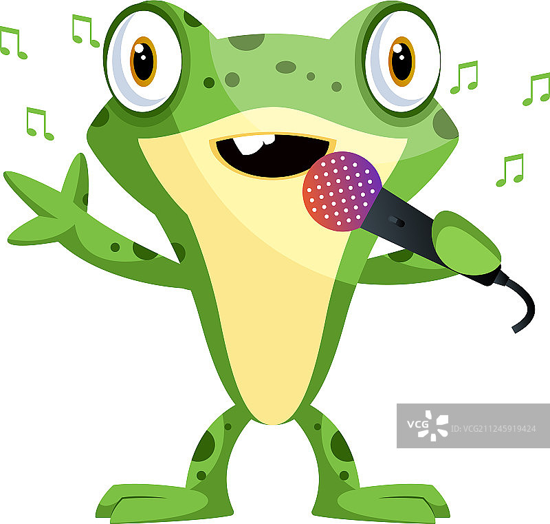 快乐的青蛙吉祥物在麦克风上唱歌图片素材